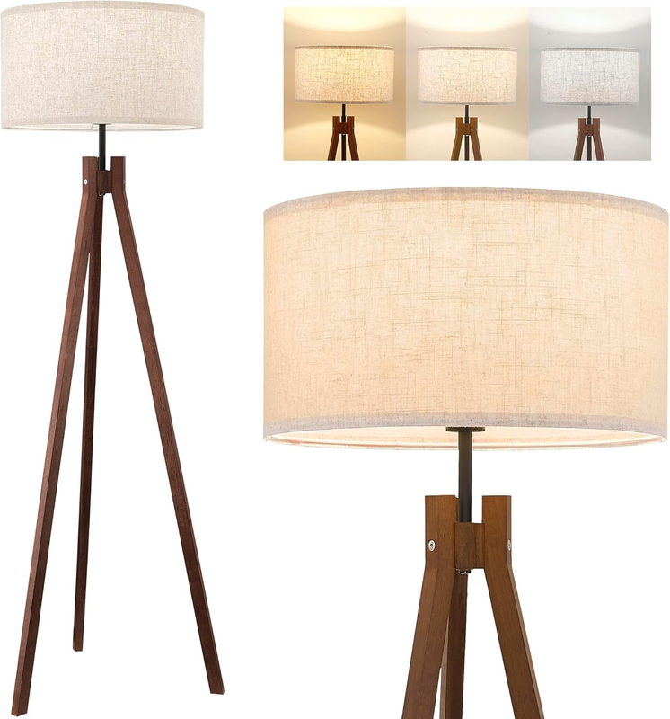 Wood Tripod Floor Lamp Mid Century Reading Lamp Linen Shade LED 9W 3 Color0