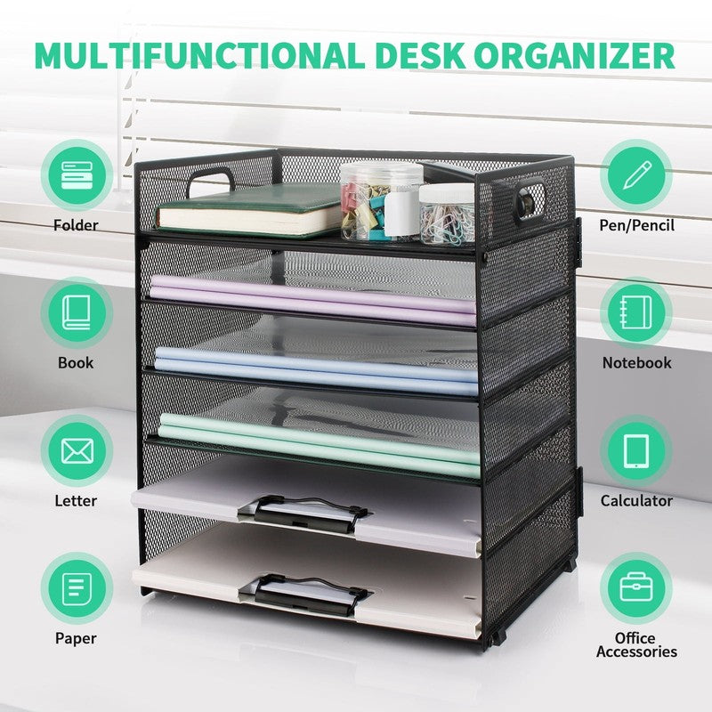 6-Tier Desk Organizer Paper Storage Box ,Stationery Tray with Handle Mesh Statio3