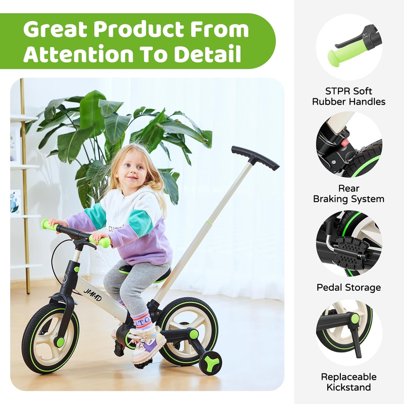 6-in-1 Toddler Bike 12" Balance Bike Push Handle Training Wheels Kids5
