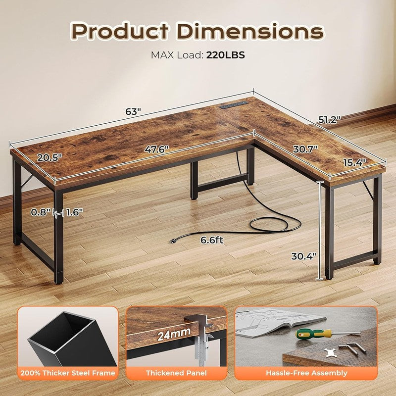 63'' L Shaped Desk w/ Power Outlets USB C Corner Gaming Desk Rustic Brown2