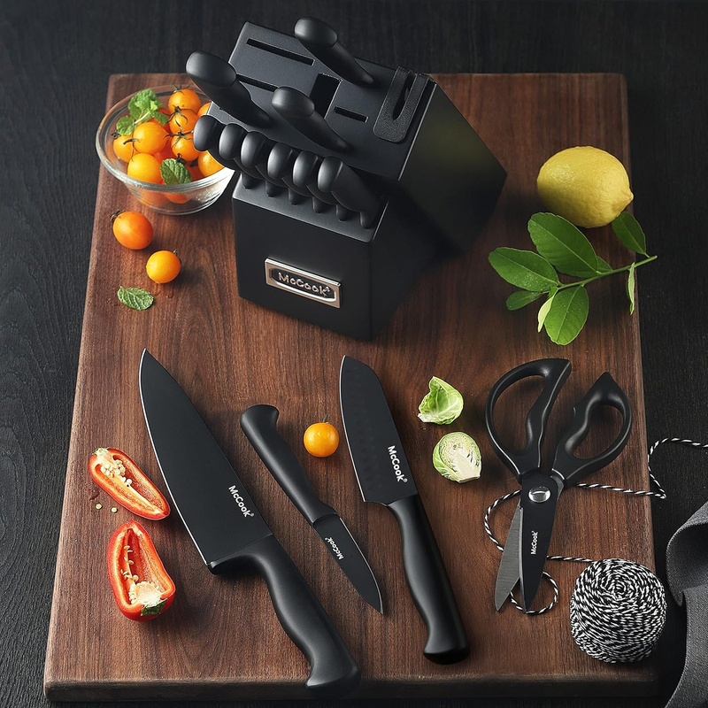   Knife Sets,German Stainless Steel Knife Block Sets with Built In Sharpener, Bl4