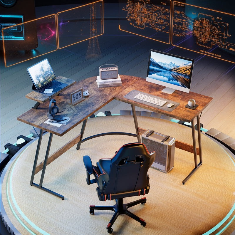 51" L-Shaped Gaming Desk Corner Office with Removable Monitor Riser Brown5