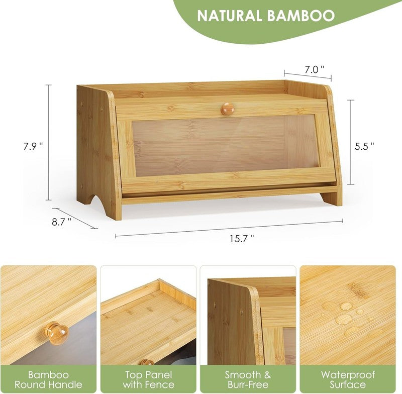 Bamboo Bread Box Large Wooden Farmhouse Bread Storage with Window1