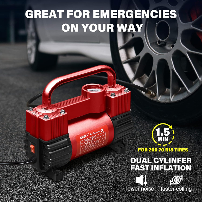 Red Tire Inflator Heavy Duty Double Cylinders, Portable Metal DC 12V Air Compres5