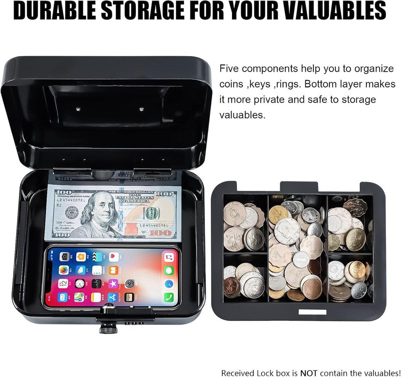 Secure Medium Cash Box with Combination Lock & Tray - Black 7.87"x6.30"x3.54"3