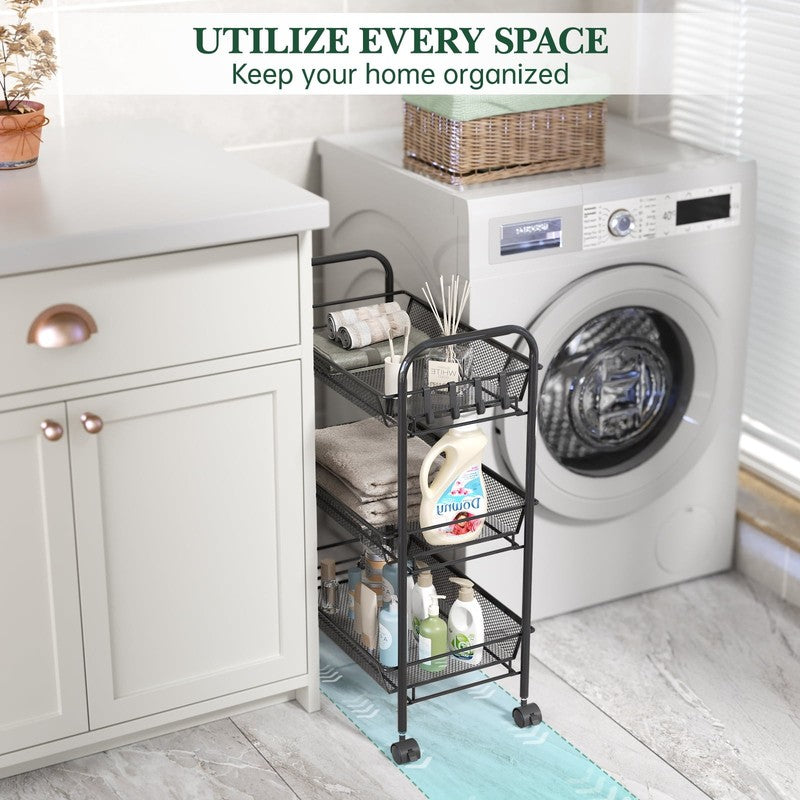 3 Tier Slim Mesh Rolling Storage Cart Black, Metal Organizer for Narrow Spaces5
