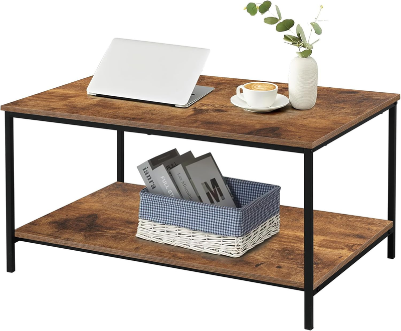 Small Brown Wood & Metal Coffee Table with Storage Shelf for Living Room10