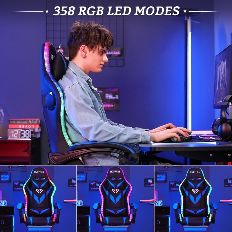 Gaming Chair with Speakers PU Leather Office Chair with Footrest and LED Lights 4