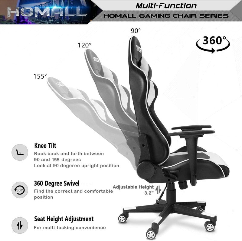 Ergonomic Gaming Chair with Headrest & Lumbar Support - White High Back Office C6
