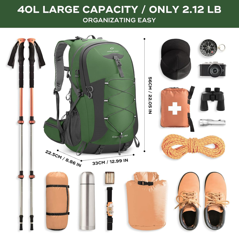 40L Waterproof Hiking Backpack Camping Travel Daypack Green1