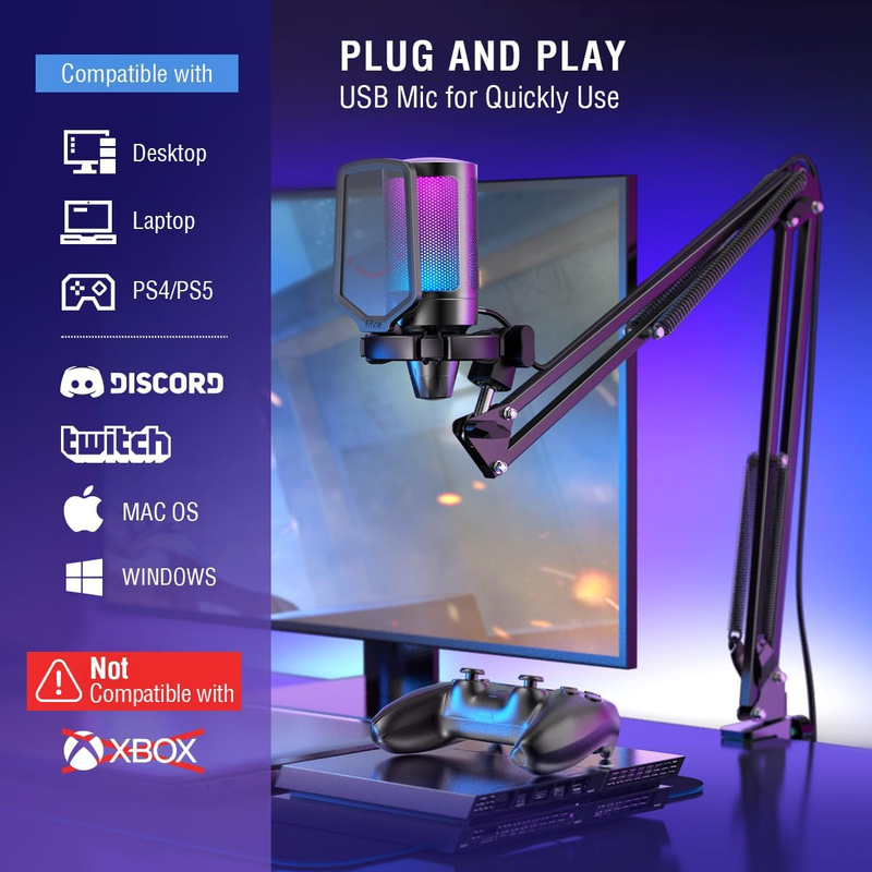 Gaming PC USB Microphone, Podcast Condenser Mic with Boom Arm, Pop Filter, Mute 6