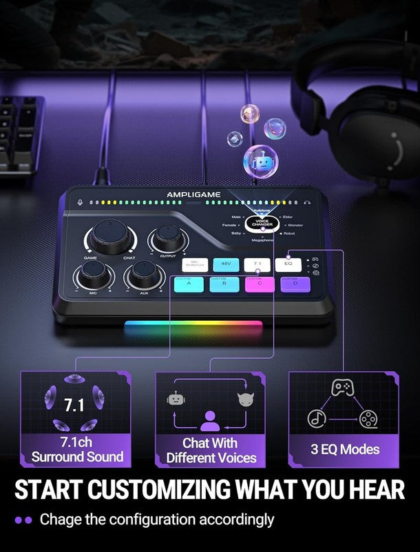 Gaming Mixer SC8 USB XLR Voice Changer RGB 7.1Ch Headphone Amp EQ Volume6