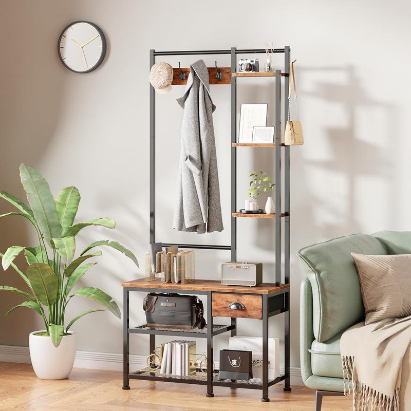Hall Tree Entryway Bench with Coat Rack & Shoe Storage 4-in-1 Rustic Brown7