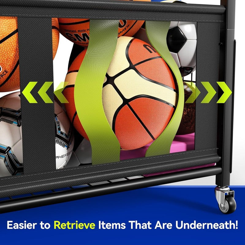 Sports Equipment Organizer, Rolling Ball Storage Cart with Locking Wheels, Hooks5