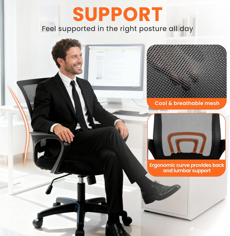 Ergonomic Mesh Office Chair Mid Back Lumbar Support Adjustable Swivel Black3