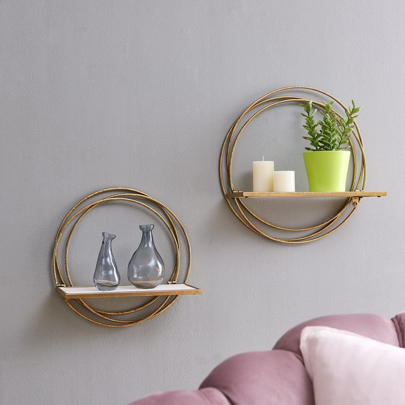 Elegant Golden Floating Wall Shelves - Set of 2 Decorative Rings0