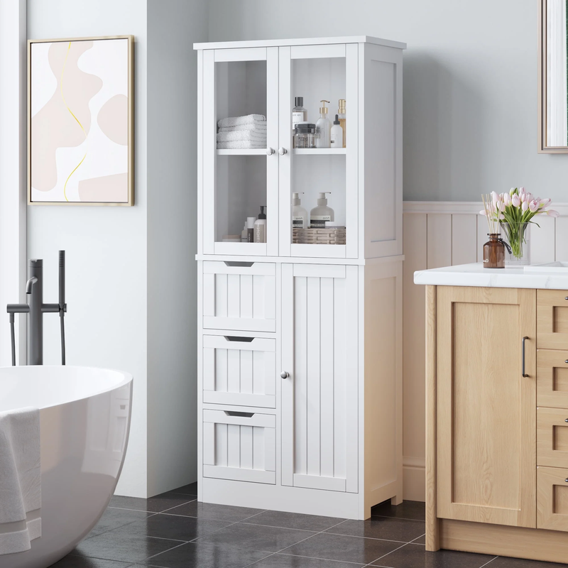 Bathroom Storage Cabinet Wooden W/ 4 Drawers & 3 Doors Glass Doors, MDF Freestan0