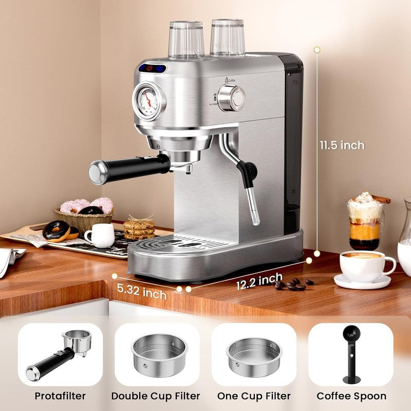 Espresso Machine, 20 Bar Compact Espresso Maker with Steam Milk Frother, Stainle6