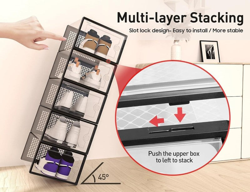 12 Pack X Large Clear Shoe Storage Boxes, Stackable Organizer Bins, Black4