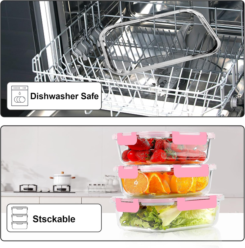 10 Pack Airtight Glass Meal Prep Containers Stackable Lids Pink4