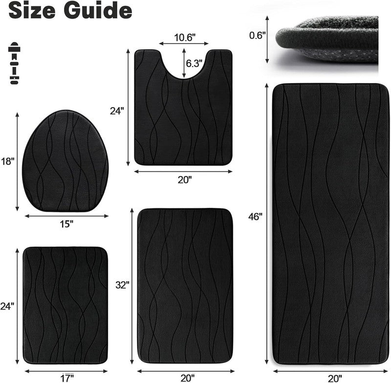 Memory Foam Black Bathroom Rug Sets 5 Piece, Ultra Absorbent Bath Mat for Bathro1