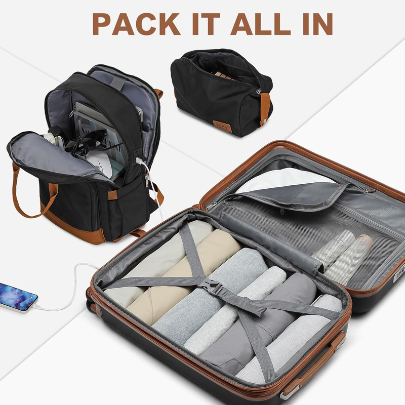 3pc Carry On Luggage Set TSA Lock Spinner Wheels Hardshell Black Brown4