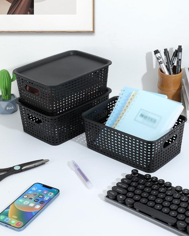 6 Pack Plastic Storage Bins with Lids, Stackable Organizer Baskets Black7