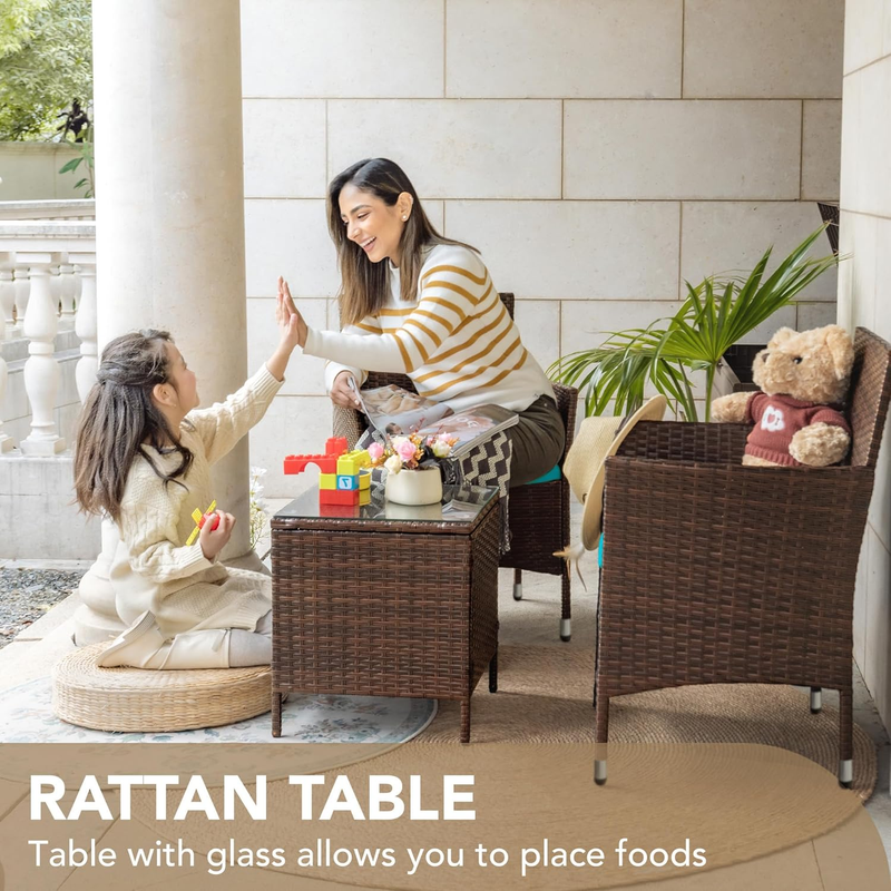 3 Piece Patio Furniture Set PE Rattan Table Outdoor Set Brown Blue Patio Porch4