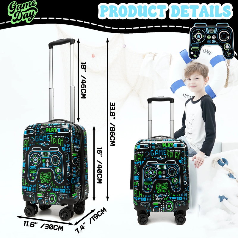 Kids Carry On Luggage Set Wheels Suitcase Backpack Pillow Boys Black Travel1