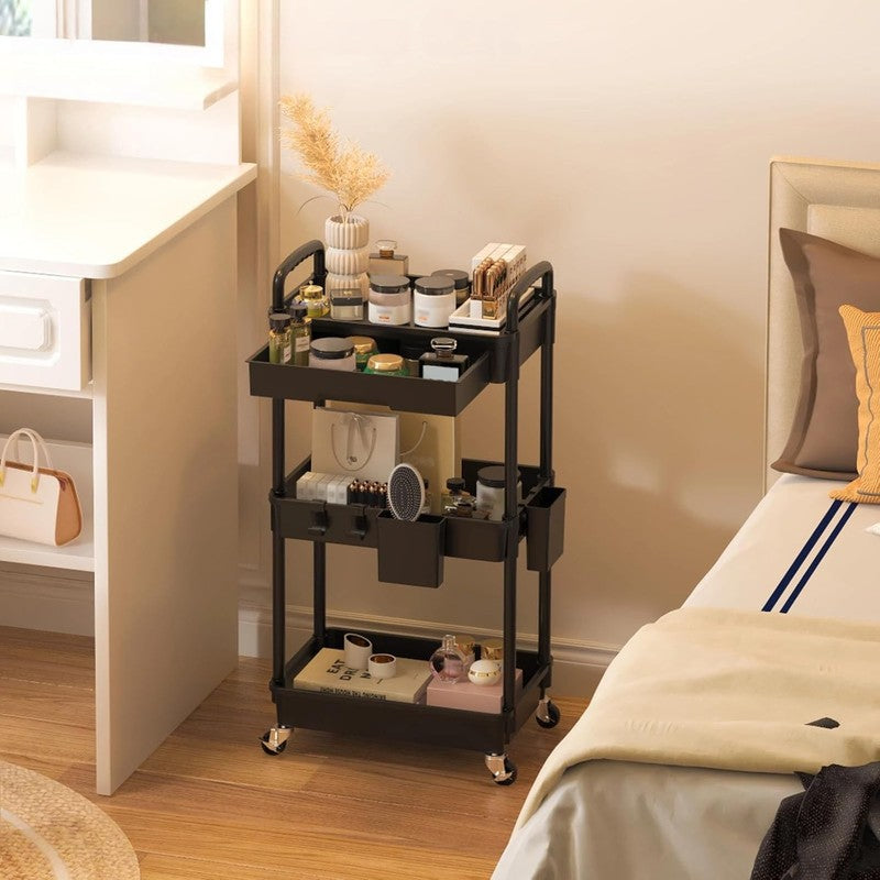3-Tier Rolling Utility Cart with Drawer & Hooks, Black Storage Organizer8