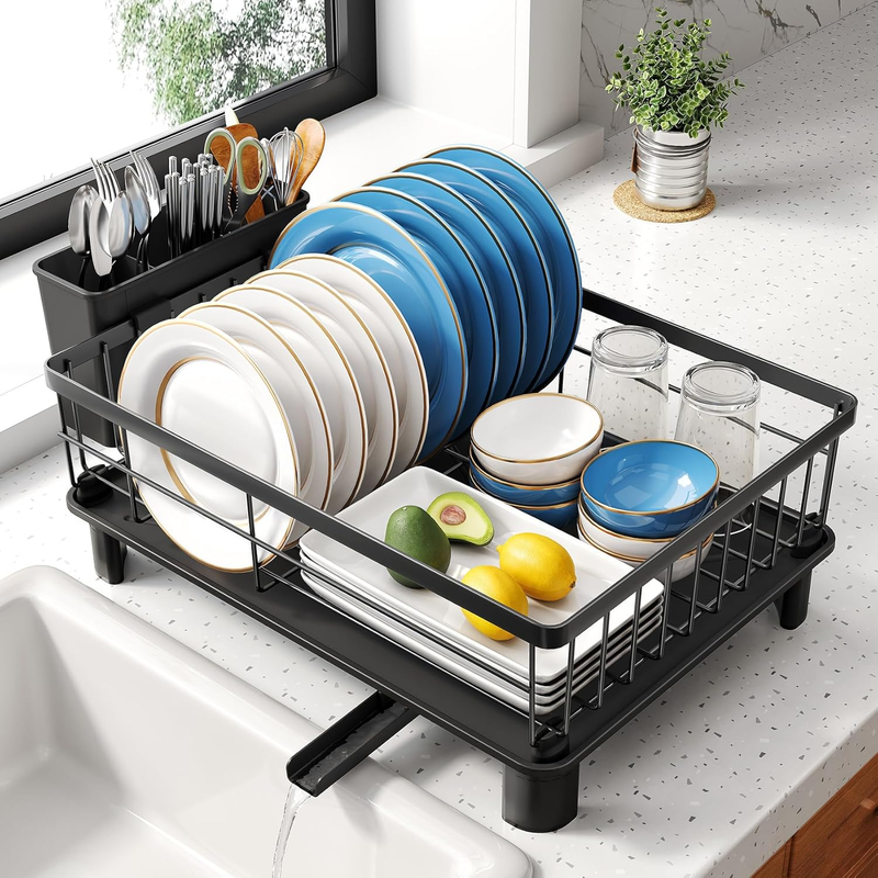 Stainless Steel Dish Drying Rack w/ Drainboard Utensil Holder Black0