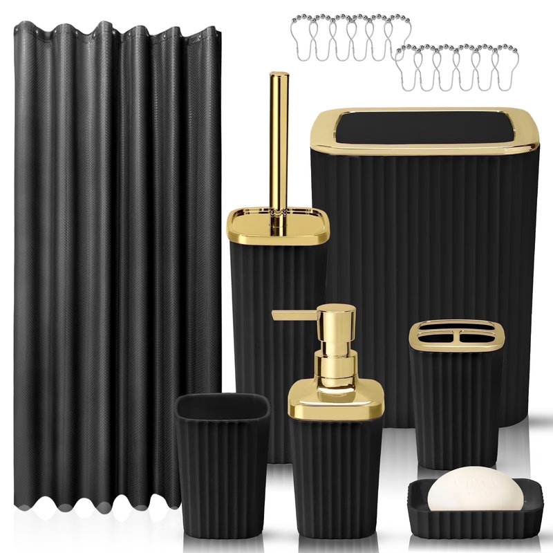 19 Pcs Black Bathroom Accessories Sets with Shower Curtain, Specially Designed f0