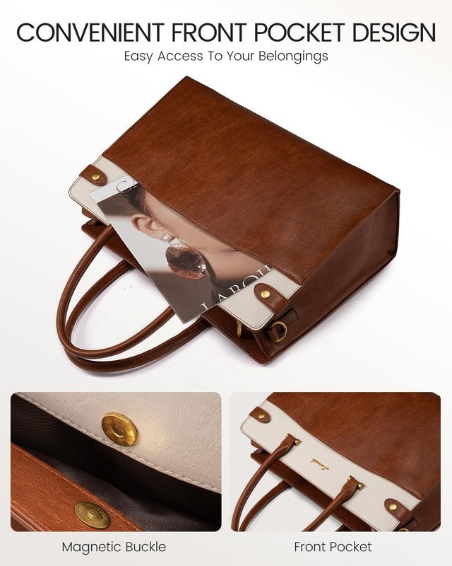 15.6" Laptop Bag for Women Vintage Leather Waterproof Tote Briefcase Brown-Beige3