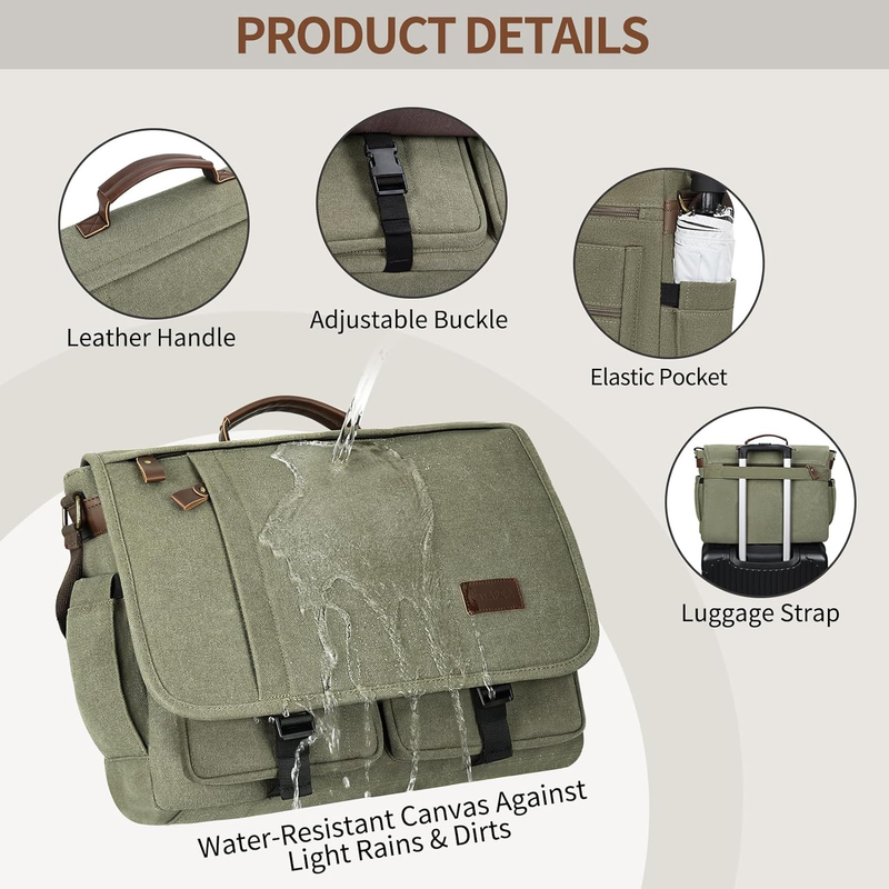 Mens Messenger Bag 17.3in Water Resistant Briefcase Satchel Army Green5