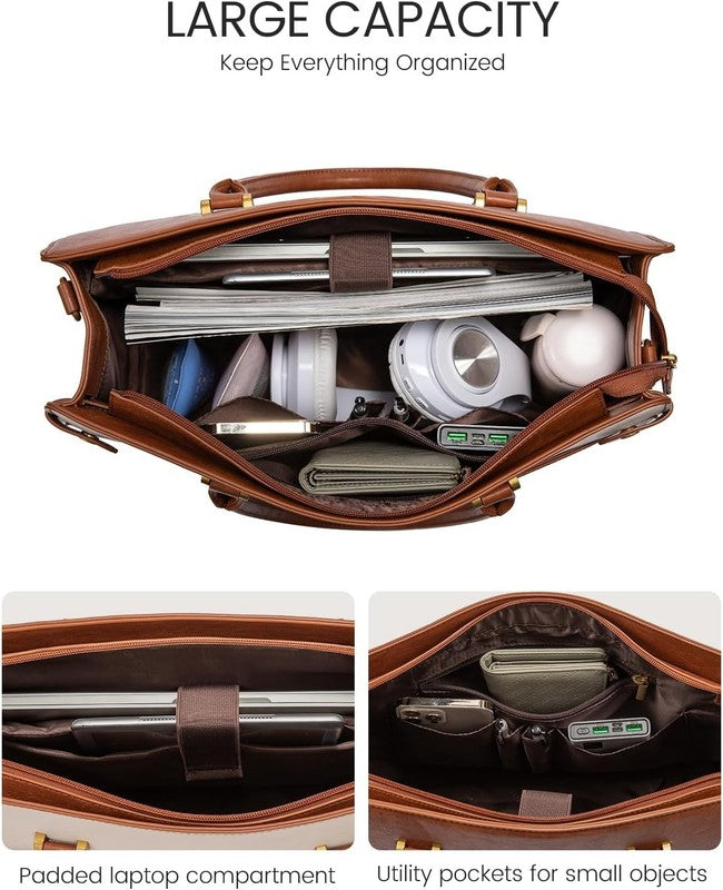 15.6" Laptop Bag for Women Vintage Leather Waterproof Tote Briefcase Brown-Beige4