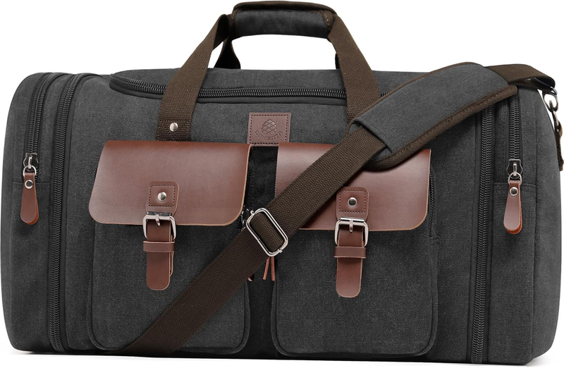 50L Canvas Duffle Bag Men Travel Duffel Expandable Leather Carry On Black10