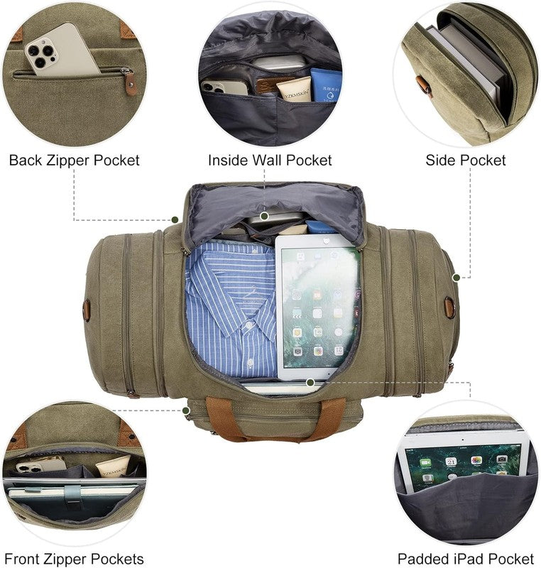 Canvas Travel Duffle Bag Army Green Carry On w/ Shoe Compartment Toiletry3
