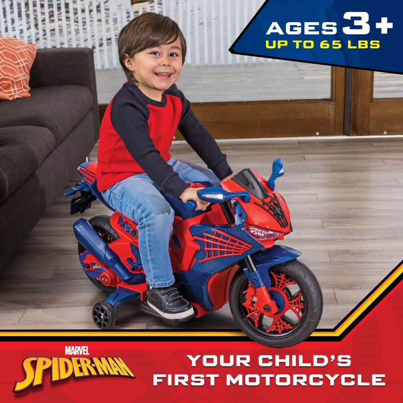 6V Spiderman Motorcycle, Battery Ride on Toy, for Kids, Ages 3+1