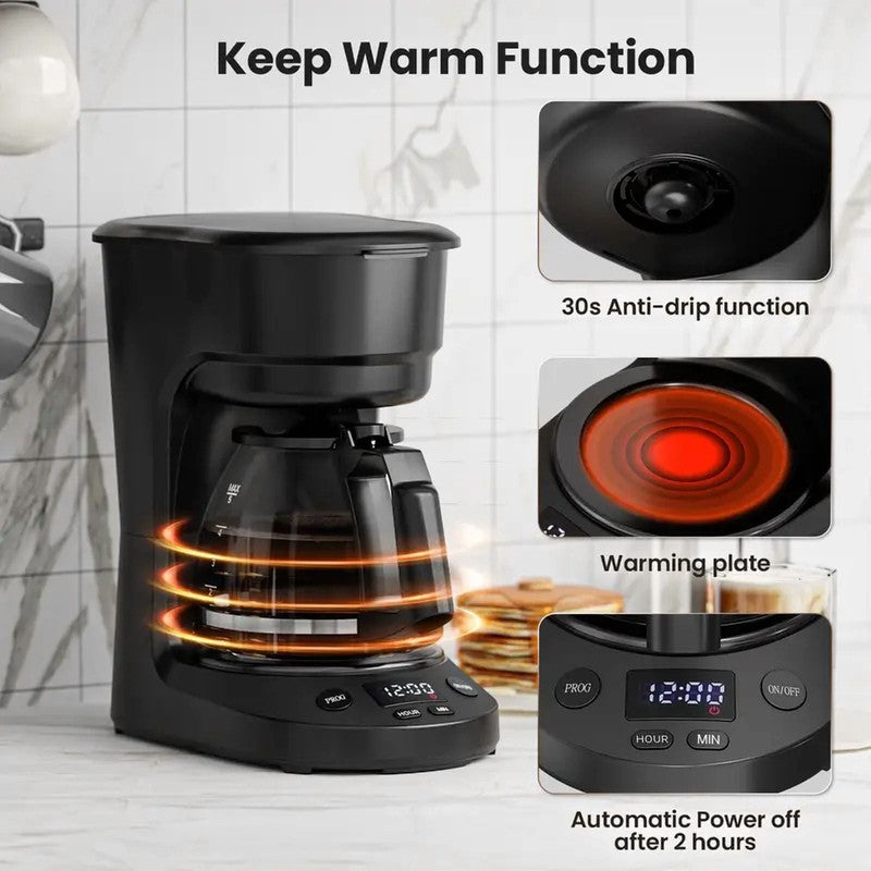Programmable 5 Cup Drip Coffee Maker 0.75L Glass Carafe Keep Warm 2H Timer3
