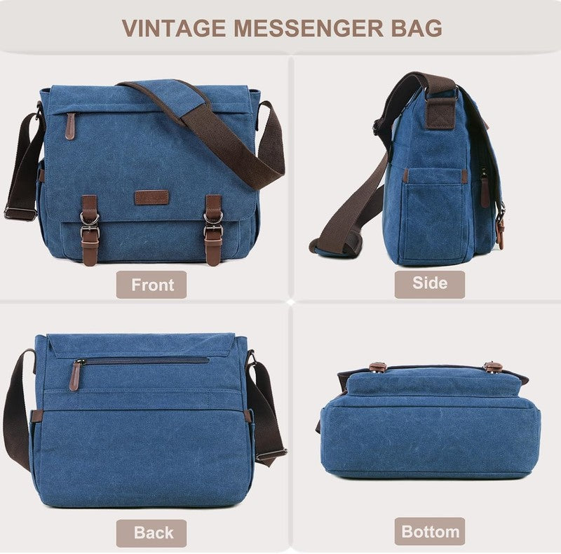 Canvas Messenger Bag 15.6" Laptop Travel Satchel Shoulder Bag Blue Unisex6