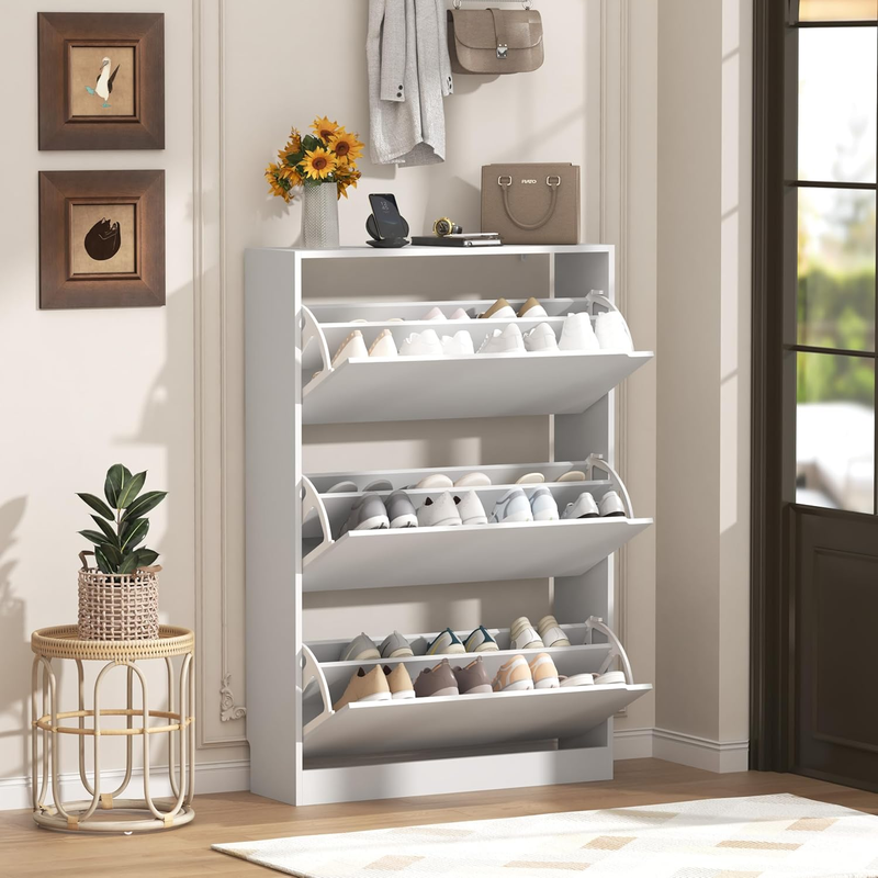 47'' Shoe Cabinet 3 Flip Drawers Slim Wood Storage Rack Organizer Entryway White8