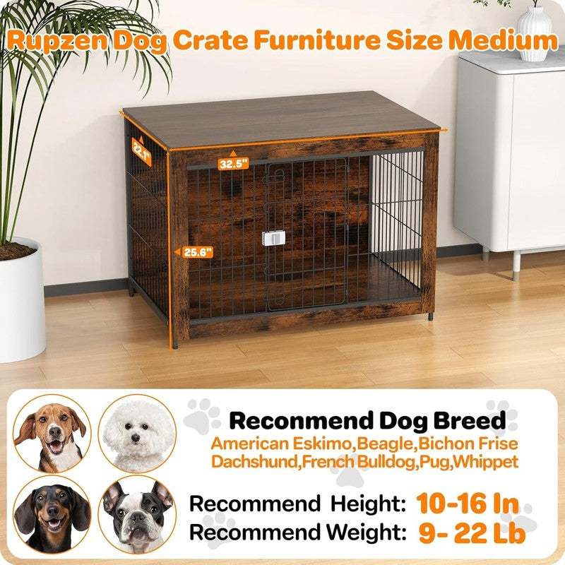 Wooden Dog Crate Furniture 33" w/ End Table Escape Proof Indoor Dog Kennel3