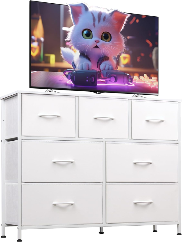 7 Drawer Dresser TV Stand White Fabric Storage Chest Wood Top Steel Frame9