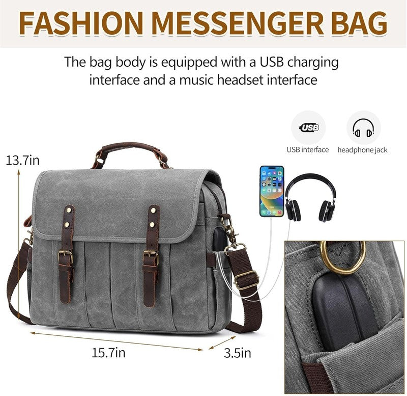 Men's 15.6" Vintage Canvas Leather Laptop Messenger Bag Light Gray Satchel3