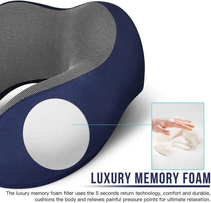 Memory Foam Travel Neck Pillow Kit w/ Eye Mask, Earplugs, Bag – Blue3