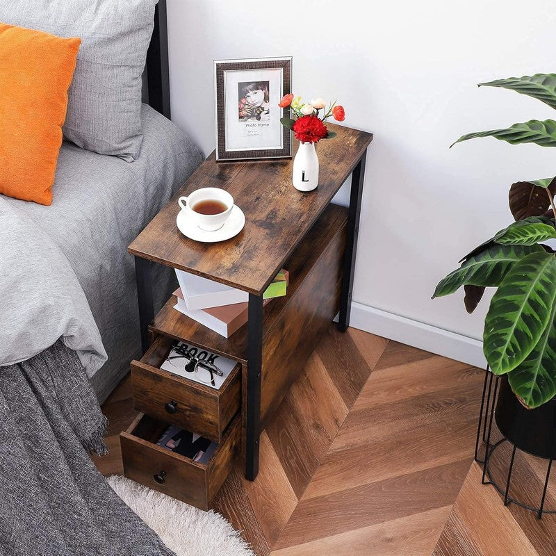 End Table Narrow Chairside Table with Drawer & Shelf Rustic Brown Black9