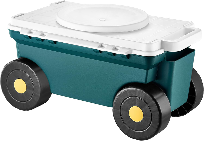Garden Scooter with Seat, 2 in 1 Rolling Garden Cart with Storage Bin, Supports 9