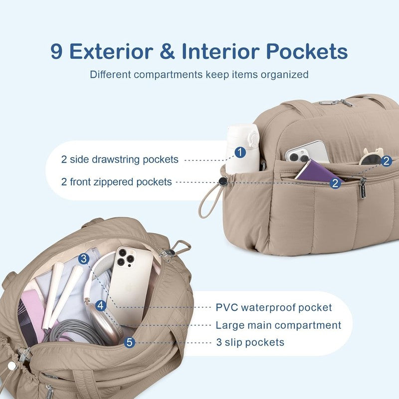 Travel Duffel Bag Women Puffer Gym Weekender Wet Pocket Carry On Camel5