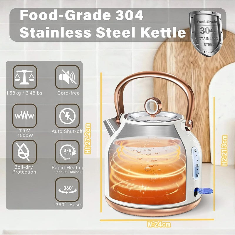 Retro Electric Kettle 1.7L 1500W Stainless Steel Temp Gauge LED White4