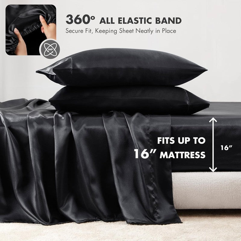 Luxury Satin Sheet Set, King Size, Black, 6 Pieces, Fits Up to 16" Mattress4